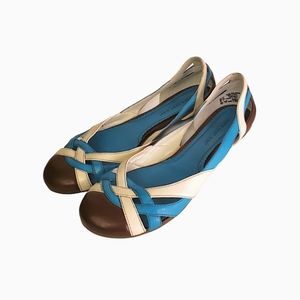 Teal Brown and White Criss Cross Rounded Toe Indie Walkable Flats